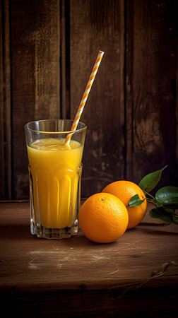 Glass of fresh orange juice with straw and ripe oranges on wooden backgroundの素材