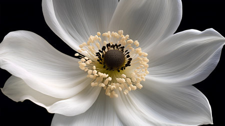 White anemone flower isolated on black background. Closeup. Nature.の素材