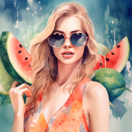 Beautiful girl in sunglasses with watermelon. Digital watercolor painting.の素材