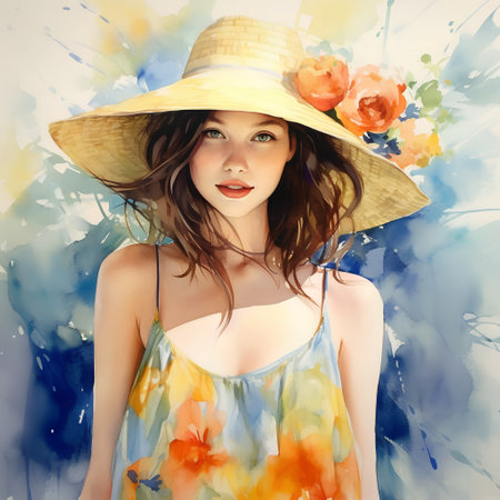 Portrait of a beautiful girl in a straw hat. Watercolor painting.の素材