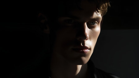 Portrait of a young man in the dark. Studio shot.の素材