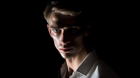 Portrait of a handsome young man in white shirt on black backgroundの素材