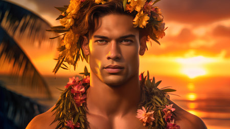 Portrait of a handsome young man with a wreath of tropical flowers.の素材