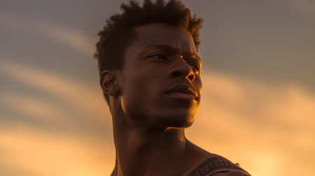 Young african american man looking away while standing against sunset skyの素材