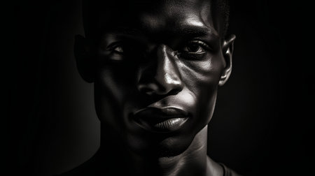 Portrait of a man with black skin, black and white photoの素材