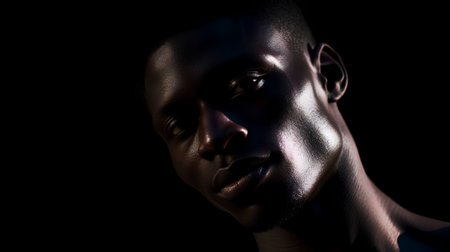 Portrait of a beautiful african american woman with silver skin on black backgroundの素材