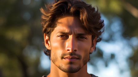 Portrait of a handsome young man in the park. Men's beauty, fashion.の素材