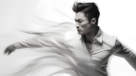 Young asian man with white shirt and black hair in motion blurの素材