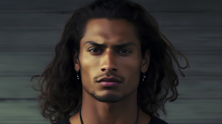 Portrait of a handsome young man with long curly hair. Studio shot.の素材