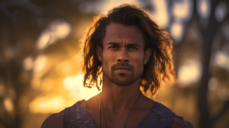 Portrait of a handsome young man in a forest at sunset.の素材