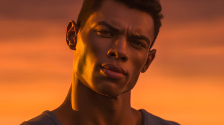 Portrait of a young african-american man on a sunset background.の素材