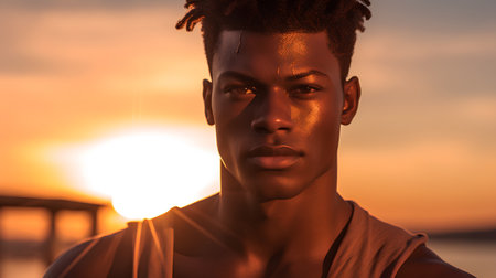 Portrait of a young african american man at sunset.の素材