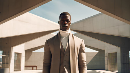 Handsome african american man in beige coat and white turtleneck posing near modern buildingの素材