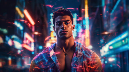 Portrait of a handsome young african american man in the night city.の素材
