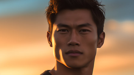 Portrait of a young Asian man looking at the camera on sunset backgroundの素材