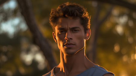 Portrait of a handsome young man in a park at sunset.の素材