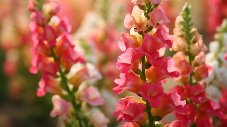 Beautiful colorful snapdragons in garden, closeup. Floral backgroundの素材