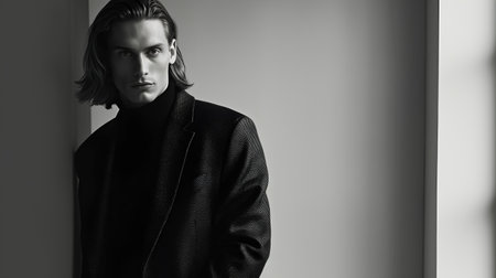 Portrait of a handsome man in a black coat. Men's beauty, fashion.の素材
