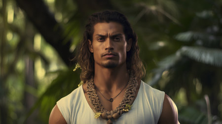 Portrait of a handsome man with dreadlocks in a tropical forestの素材