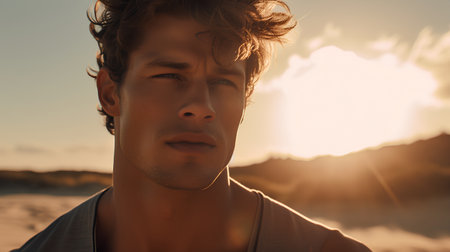 Portrait of a handsome young man at sunset on the beach.の素材