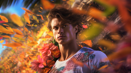 Portrait of a young handsome man with flowers in his hair.の素材