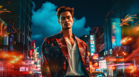 Portrait of a handsome asian man standing in the city at night.の素材