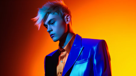 Fashion shot of a handsome young man in a stylish blue jacket. Studio shot.の素材