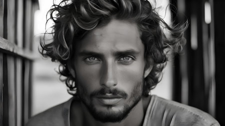 Portrait of a handsome man with long curly hair. Black and white.の素材