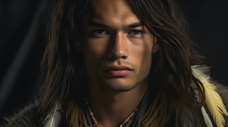 Portrait of a handsome young man with long hair. Men's beauty, fashion.の素材