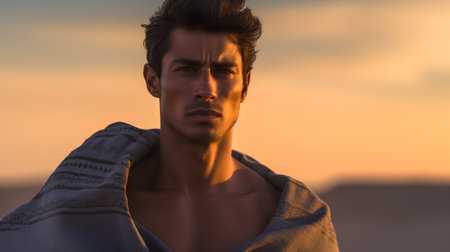 Portrait of a handsome young man wrapped in a blanket at sunsetの素材