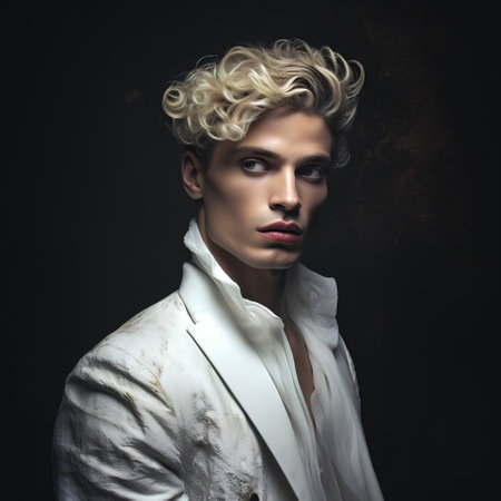 Portrait of a handsome young man with blond curly hair. Studio shot.の素材