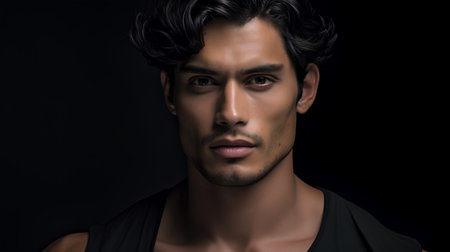 Portrait of a handsome young man on a dark background. Men's beauty, fashion.の素材