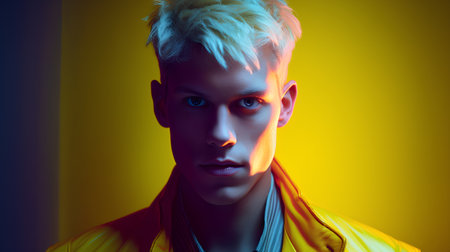 Portrait of a handsome young man in a yellow jacket. Men's beauty, fashion.の素材