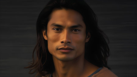 Portrait of handsome young man looking at camera on dark background.の素材