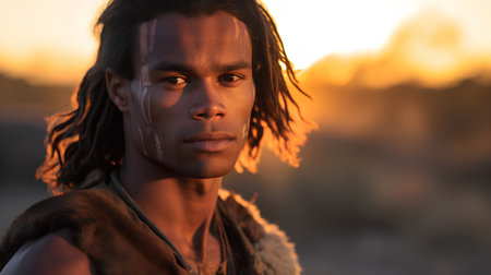 Close-up portrait of a handsome african american man in a fur coat at sunsetの素材