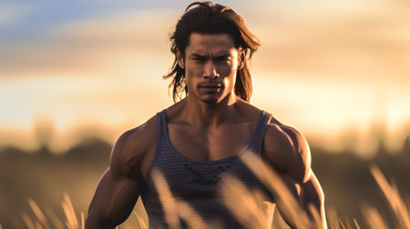 Handsome young man with muscular body in sportswear at sunsetの素材