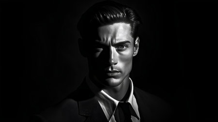 Portrait of a handsome man in a suit on a dark backgroundの素材