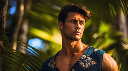 Handsome young man in swimsuit posing in tropical environment.の素材