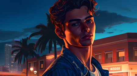 3D Illustration of a young man on the street at nightの素材