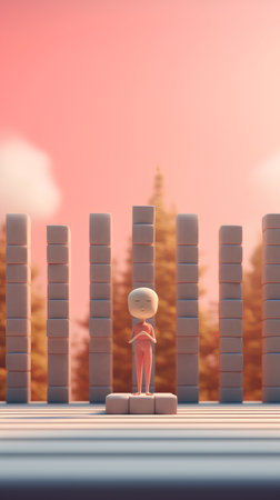 3d rendering of a man standing on a wooden pedestal in front of columnsの素材