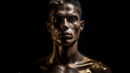 Portrait of a man with gold bodyart on a black backgroundの素材