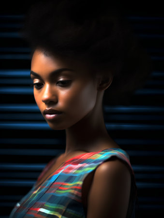 Beautiful african american woman with afro hairstyle on dark backgroundの素材