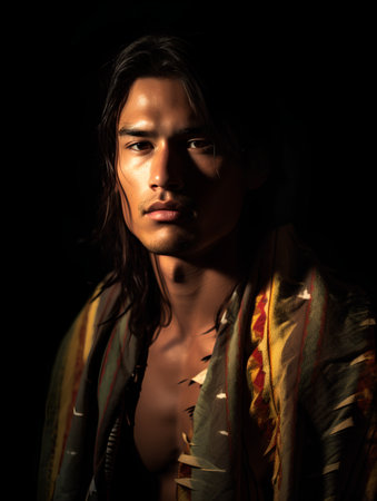 Portrait of a handsome young man in a colorful shawlの素材