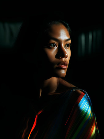 Fashion portrait of beautiful young african american woman in neon light.の素材