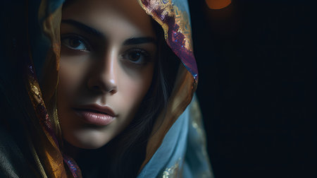 Portrait of a beautiful girl in a veil on a dark backgroundの素材
