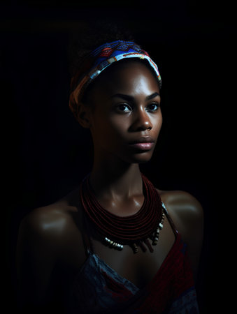 Portrait of a beautiful young African woman with beads on black backgroundの素材