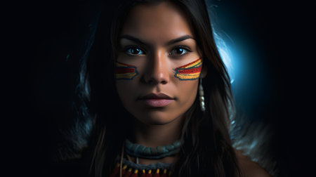Portrait of a beautiful young indian woman with painted face on black backgroundの素材