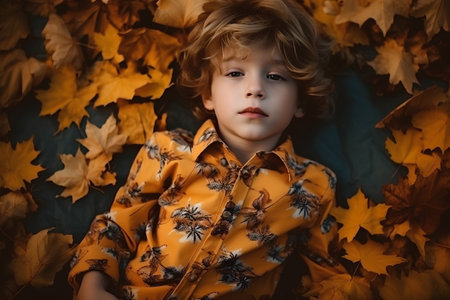 Portrait of a cute little boy in autumn clothes lying on the leavesの素材