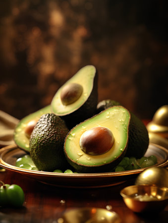 Ripe avocados with green peppercorns on a wooden backgroundの素材