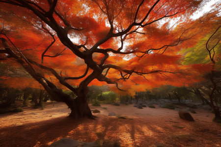 Autumn landscape with red trees in the park. 3d renderの素材